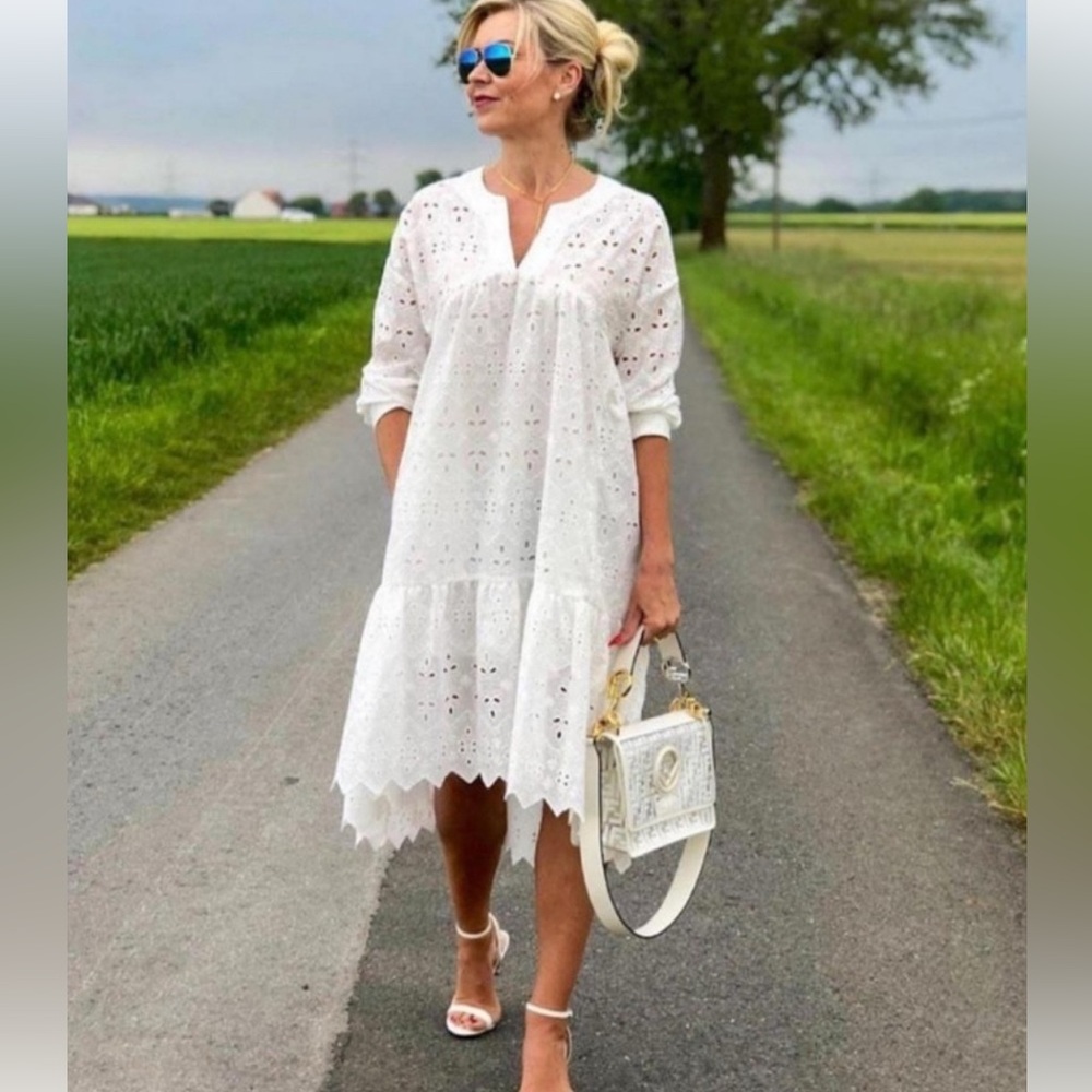 Zara White Eyelet Asymmetrical Midi Dress
